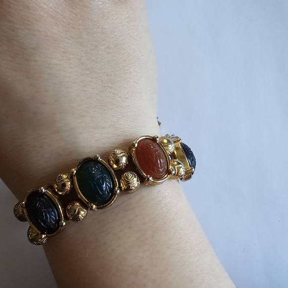 Vintage Scarab Bracelet Egyptian Revival Slide Charms gold tone Victorian - Picture 2 of 13